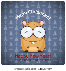 Christmas greeting card with cartoon hamster. Vector illustration
