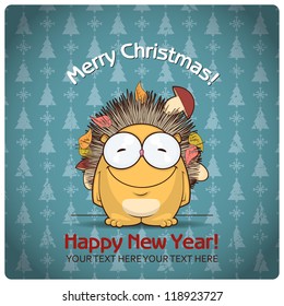 Christmas greeting card with cartoon hedgehog. Vector illustration
