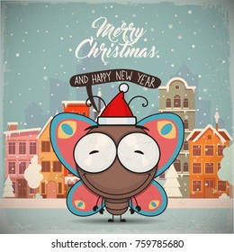 Christmas greeting card with cartoon insect charcter on a city background. Vector collection.