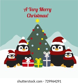 Christmas greeting card with  cartoon penguins