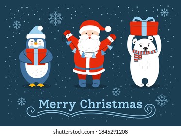 Christmas greeting card, cartoon polar bear, santa claus and penguin. New Year character with present. Hand drawn doodle cute vector. Funny animals winter celebrate