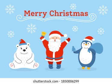 Christmas greeting card, cartoon polar bear, santa claus and penguin. New Year animal mammals with red hat. Hand drawn doodle cute vector bears. Funny animals winter celebrate