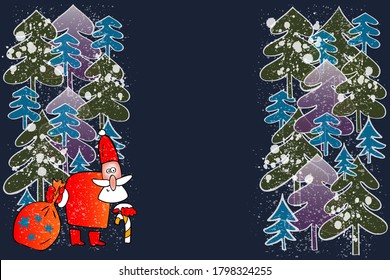 Christmas greeting card with cartoon Santa Claus and Christmas tree on a dark textured background. Copy space. Vector illustration.