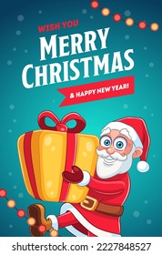 Christmas greeting card with cartoon Santa Claus character. Vector illustration of smiling Santa Claus with gift box. Advertising banner