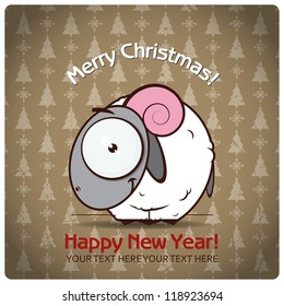 Christmas greeting card with cartoon sheep. Vector illustration