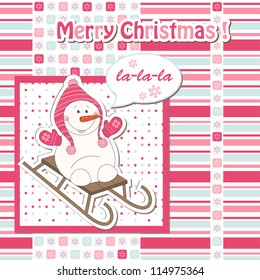 Christmas greeting card with cartoon snowman sledding