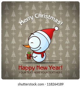 Christmas greeting card with cartoon snowman. Vector illustration