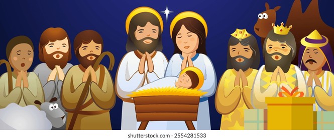 Christmas greeting card in cartoon style. Nativity scene creative clipart picture. Jesus in the cradle, Mary and Joseph, 3 kings and shepherds singing and worshiping God. Happy Xmas religious postcard