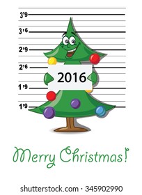 Christmas greeting card with cartoon christmas tree.