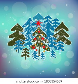 Christmas greeting card with cartoon  Christmas trees on a fantasy colored background. Vector illustration.