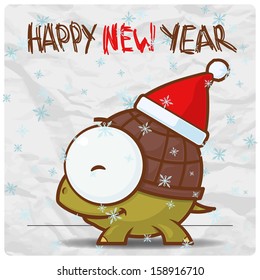 Christmas greeting card with cartoon turtle. Vector illustration