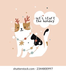 Christmas greeting card with cat wishes quotes. Hand drawn New year print with cute kitty anf garland. Merry Christmas illustration with funny cat