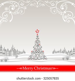 Christmas greeting card. Celebration background with Christmas Landscape, Christmas tree and place for your text. Vector Illustration