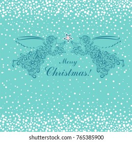 Christmas greeting card. Celebration background with Angels, Christmas star,  Beautiful winter sky and place for your text. Vector Illustration