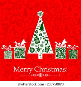 Christmas greeting card. Celebration red background with Christmas tree, gift boxes and place for your text. Vector Illustration 