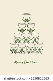 Christmas greeting card with champagne tower. Elegant vintage vector hand drawn illustration of glass pyramid with green bows