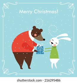 Christmas greeting card and characters. Merry Christmas and holidays wish Vector background.