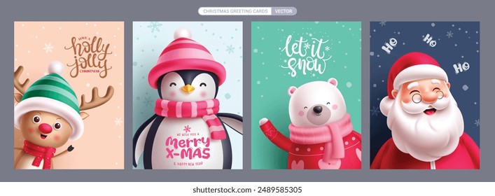 Navidades tarjetas de felicitación personajes Vector poster set. Navidad personajes como santa claus, reno, pingüino y oso polar para la colección de tarjetas navideñas. saludo de Ilustración vectorial 