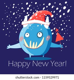 Christmas greeting card with a cheerful monster on a blue background with a snowfall
