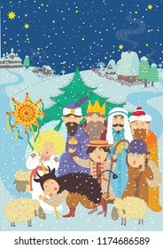 Christmas greeting card. Children singing  carols in Ukraine.