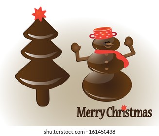 Christmas greeting card with chocolate snowman and Christmas tree. isolated on white background. Vector illustration.