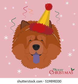 Christmas greeting card. Chow Chow dog wearing a party hat