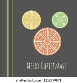 Christmas greeting card with citrus slice and Merry Christmas phrase on dark background.Retro style.Organic concept.  Perfect for cards, banners and other design projects.Vector.EPS 10