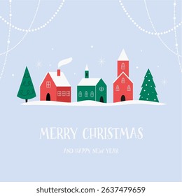 Christmas Greeting Card, Cityscape of Houses with Snow Roofs, Pine Trees. Simple Holiday Illustration
