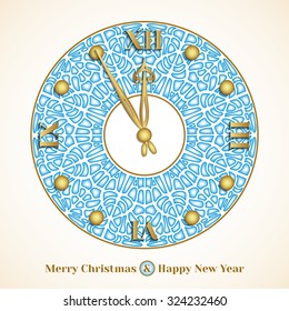 Christmas greeting card with clock on background of cracked pieces of ice