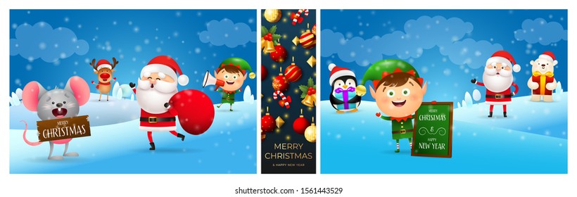 Christmas greeting card collage. Holiday concept. Vector. Background with tiny characters: Penguin, Elf, Santa Clause, Mouse, Deer. Illustration can be used for invitations, signs, announcements