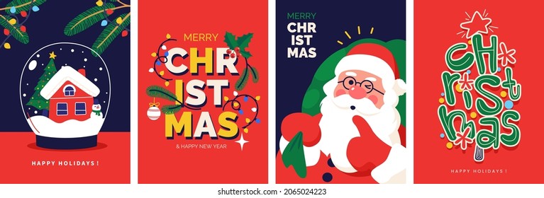 Christmas greeting card collection with colorful flat illustration of santa, snowglobe, fir tree, holiday decorations and lettering. Christmas poster or flyer design set. Ideal for invitation, promo.