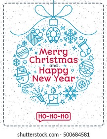 Christmas greeting card color style with christmas ball consisting of christmas line icons and sign Merry Christmas Happy New Year ho ho ho on snow holiday background. Christmas decoration element