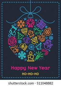 Christmas greeting card color style with christmas ball consisting of line icons and wish Happy New Year on snow holiday background. 