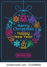 Christmas greeting card color style with christmas ball consisting of line icons and wish Merry X-Mas Happy New Year ho ho ho on snow holiday background. 