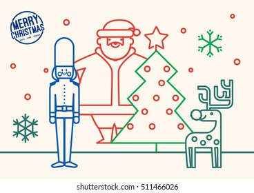 Christmas greeting card color style with christmas ball consisting of christmas line icons and wish Merry Christmas Happy New Year Happy Holiday on snow holiday background.