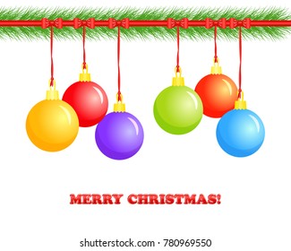 Christmas greeting card, colored christmas balls, fir tree branch and greeting inscription Merry Christmas on white background