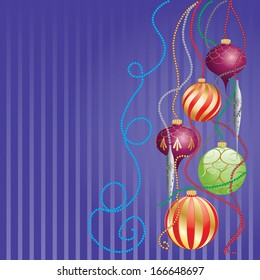 Christmas greeting card with colorful glossy balls and beads.