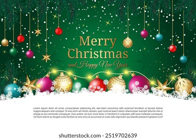Christmas greeting card with colorful ornaments, pine tree branches, snowflakes, and festive lights on a green background. Holiday theme design.