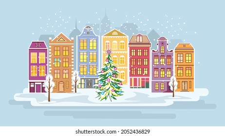 Christmas greeting card. Colorful townhouses and Christmas tree outdoor, cartoon style, flat vector illustration. 