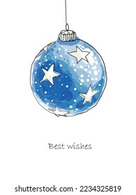 Christmas greeting card. colorful watercolor bauble. Doodle hand drawn vector sketch.