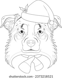 Christmas greeting card for coloring. Australian Sheperd dog with Santa's hat and a woolen scarf for winter 