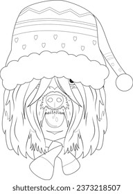 Christmas greeting card for coloring. Briard or Brie Shepherd dog wearing a scarf and a woolen cap for winter