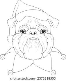 Christmas greeting card for coloring. Brussels Griffon dog with Santa's hat