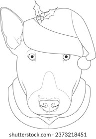 Christmas greeting card for coloring. Bull Terrier dog with Santa's hat