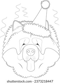 Christmas greeting card for coloring. Chow Chow dog wearing a party hat