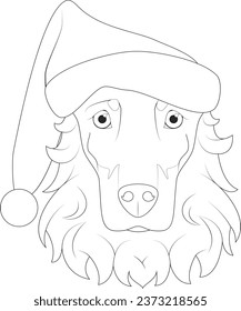 Christmas greeting card for coloring. Doberman dog with beard and Santa's hat