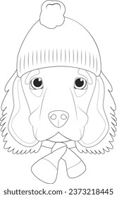 Christmas greeting card for coloring. English Cocker Spaniel dog wearing a woolen cap for winter