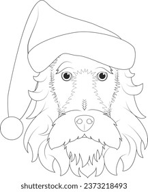 Christmas greeting card for coloring. Fox Terrier dog with beard and Santa's hat