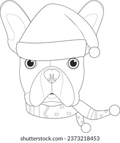 Christmas greeting card for coloring. French Bulldog dog with Santa's hat