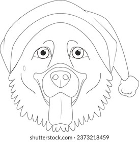 Christmas greeting card for coloring. German Shepherd dog with Santa's hat